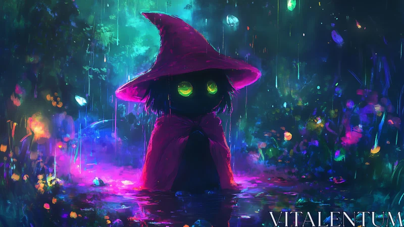 Small robed figure under rain in neon forest clearing.