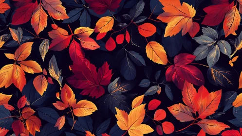 Digital autumn foliage pattern with layered botanical silhouettes.
