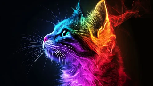 Neon glowing cat head with multicolored light effects on black.