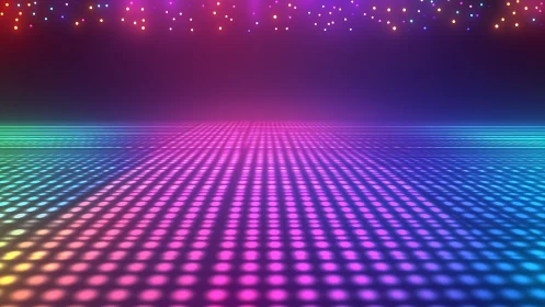 Neon dotted dance floor glowing under playful party lights.