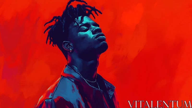 Digital portrait of contemplative man against red field.