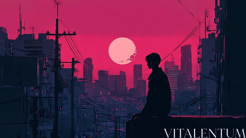 Silhouetted figure watches neon city sunset in magenta haze.