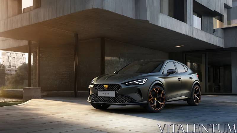 Matte black crossover SUV parked by modern concrete home.