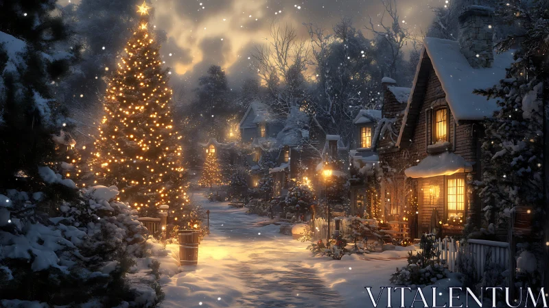 Snow-laden village lane glows under ornate Christmas lighting