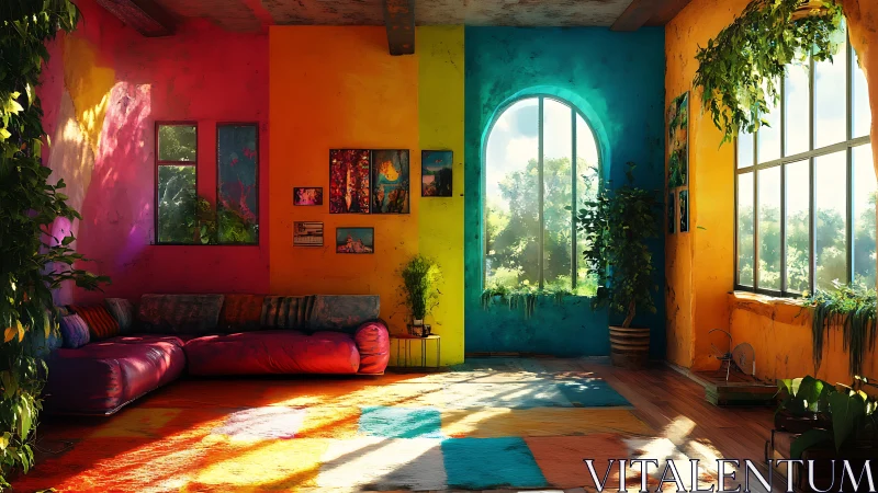 Color-zoned living room with large windows and plants.
