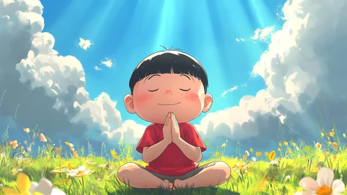 Meditative child in luminous meadow under volumetric sky.