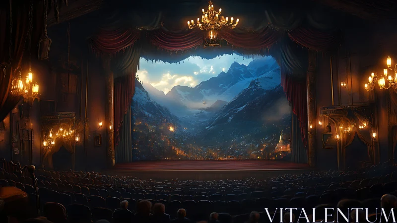 Interior theater view frames distant illuminated alpine valley