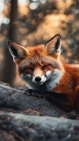Red fox rests serenely on forest rock at golden hour.