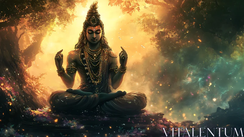Meditative deity figure in jeweled adornment within forest