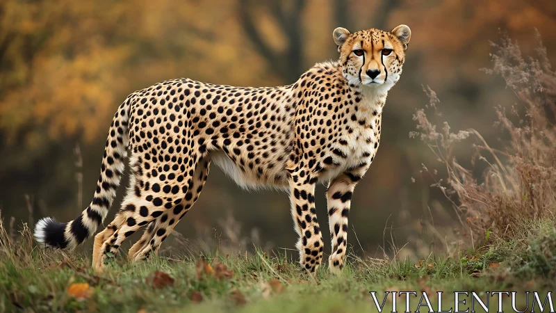 Cheetah in autumn grassland, lateral profile, shallow depth of field.