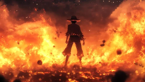 Lone straw-hatted wanderer strides unshaken through inferno.