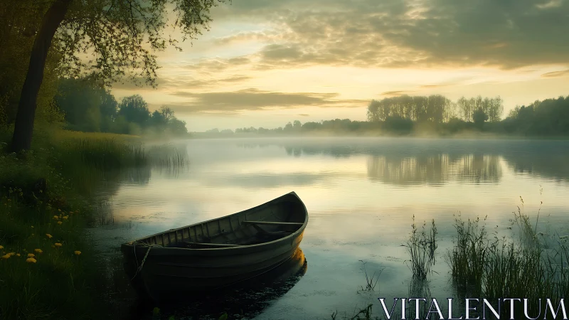 Rowboat rests on misty lake under soft golden dawn.