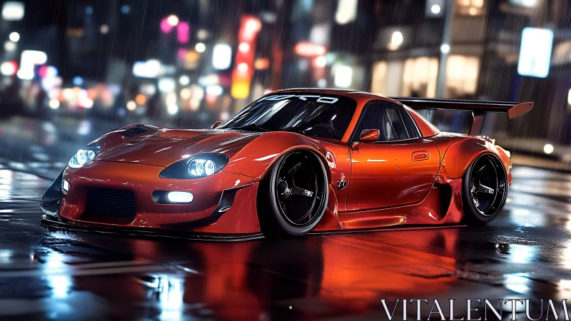 Modified red sports coupe parked on wet neon city street.