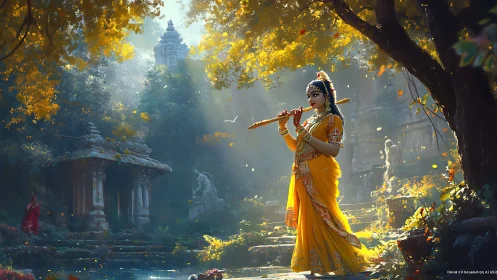 Figure in yellow sari with flute near stone temples at dusk.