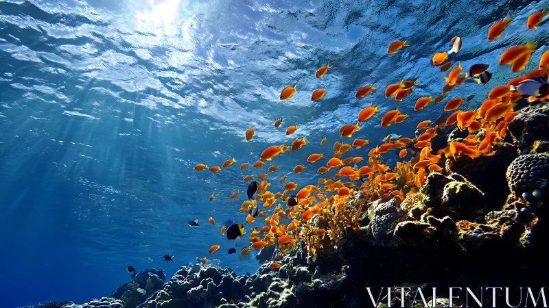 Orange reef fish over coral slope under clear blue water.