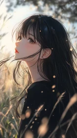 Backlit anime portrait with volumetric dusk field lighting.