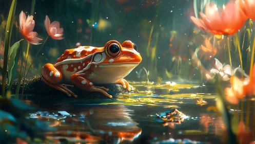 Daydreaming polka-dot frog in a spellbound lily glade.