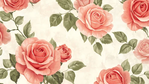 Pink Roses with Green Foliage on Cream Background.