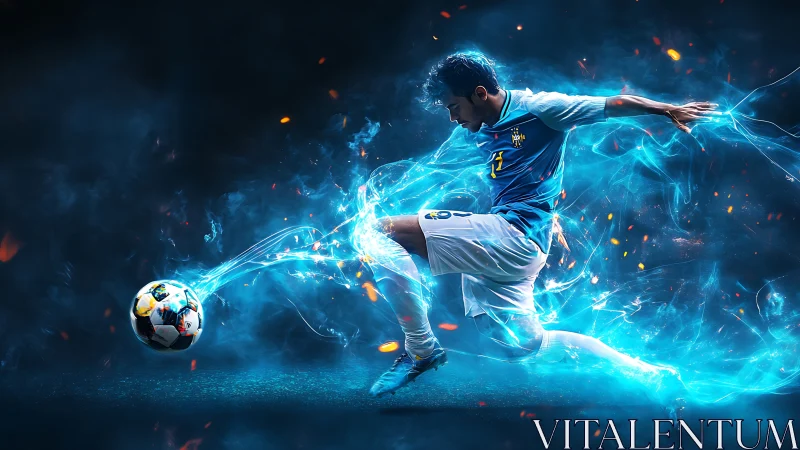 Electric soccer striker unleashes blue energy kick.