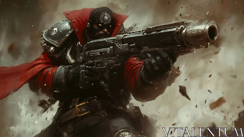 Grim crimson gunner storms a shrapnel-soaked battlefield.