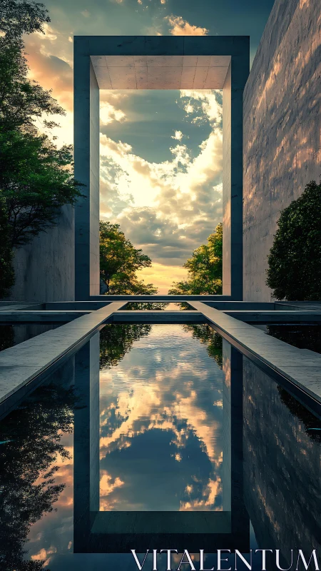 Monumental sky portal spans mirrored reflecting pool.