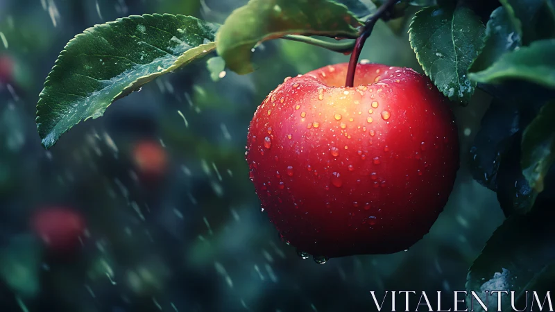 Ripe red apple glistens with raindrops in lush orchard.