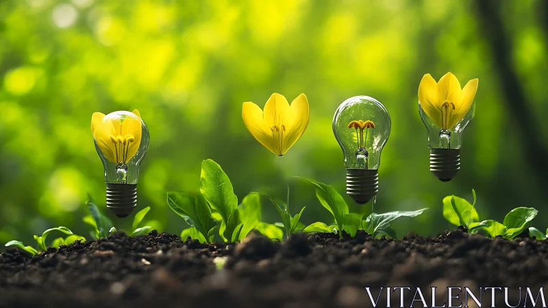 Yellow Flowers in Light Bulbs Growing from Soil.