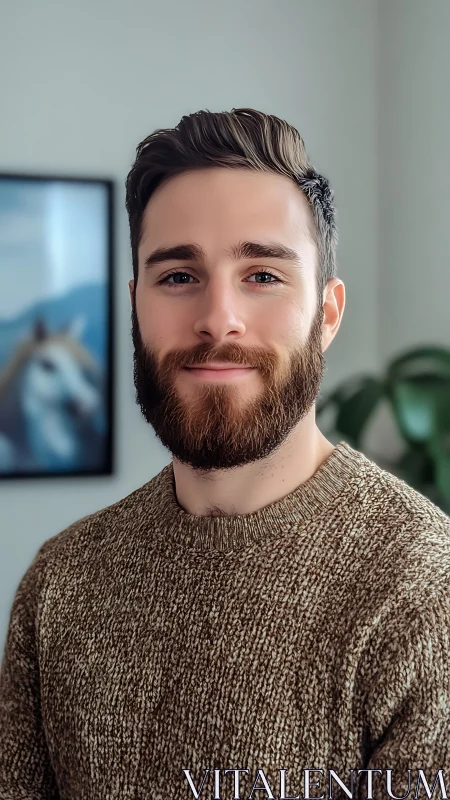 Warm bearded man in cozy sweater enjoys a calm home moment