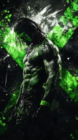 Muscular warrior in green splatter digital artwork.