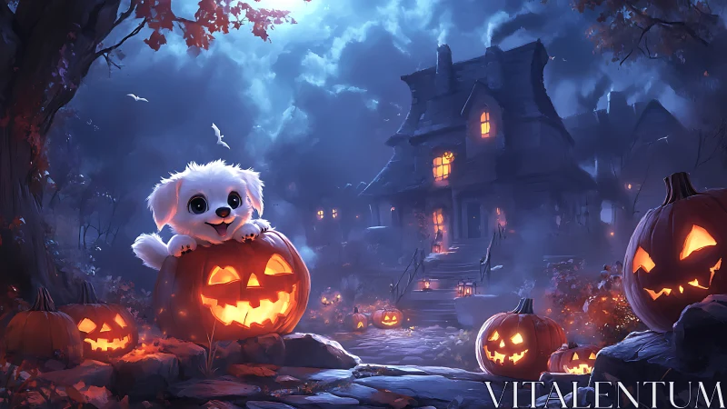 Puppy peeks from glowing jack o lantern before haunted house