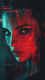 Neon-lit cyber gaze in a city of glowing fractured echoes.