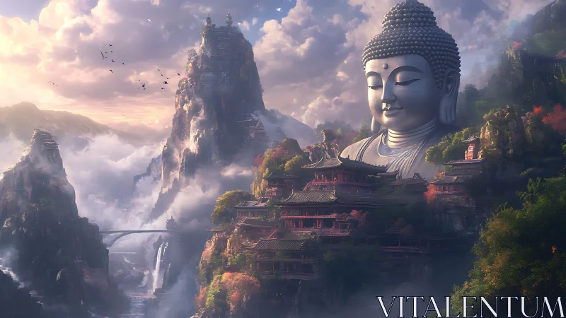 Colossal mountain Buddha overlooks mist-wrapped valley temples.