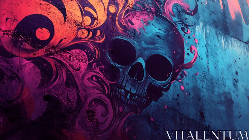 Neon skull mural with swirling abstract graffiti forms.