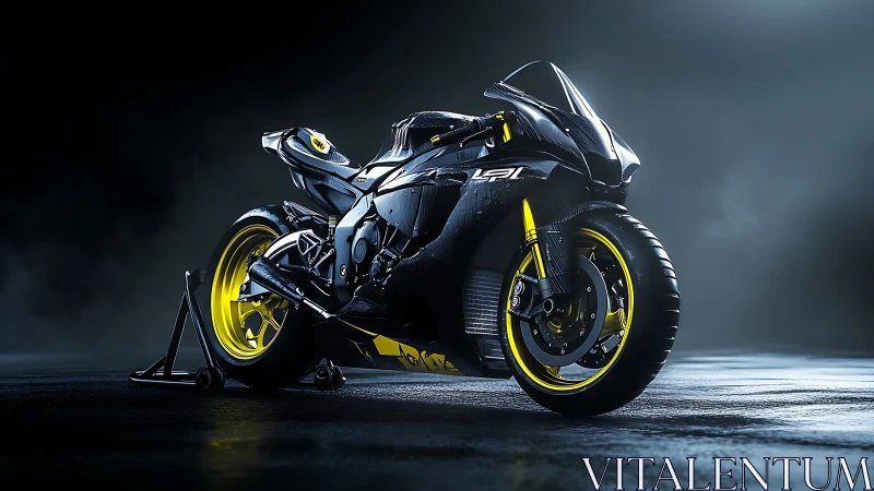 Carbon fiber superbike stands under moody studio lighting