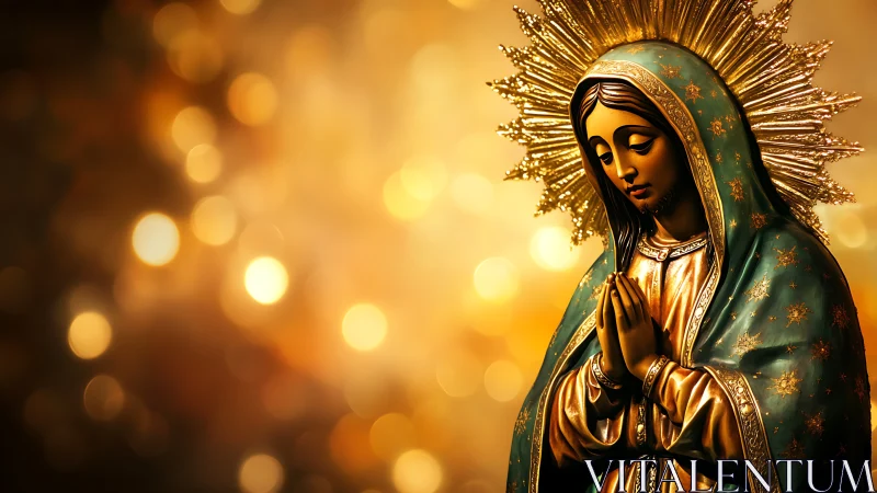 Photorealistic Marian icon with radiant bokeh gilded halo.