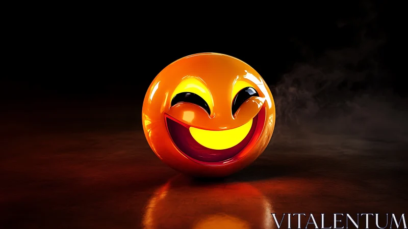 Glossy 3D smiley sphere emits intense internal glow on dark stage