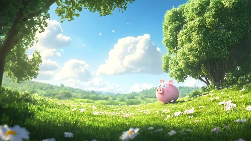 Plump pink piglet patrols a sunlit meadow of daisies
