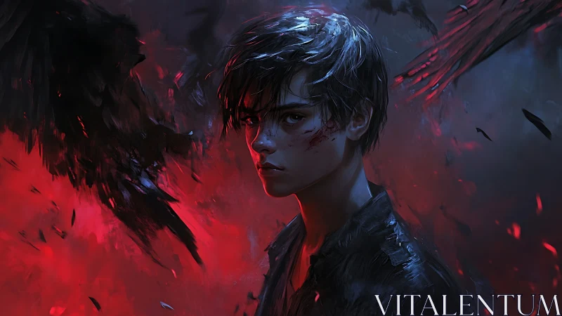 Youth with dark wings in red and blue atmospheric field.