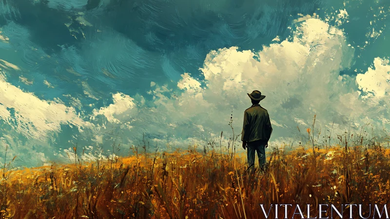 Solitary figure surveying windswept field under turbulent sky