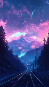 Neon railway leads toward glowing alpine peak at dusk
