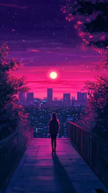 Quiet city overlook beneath a dreamy neon twilight sky.