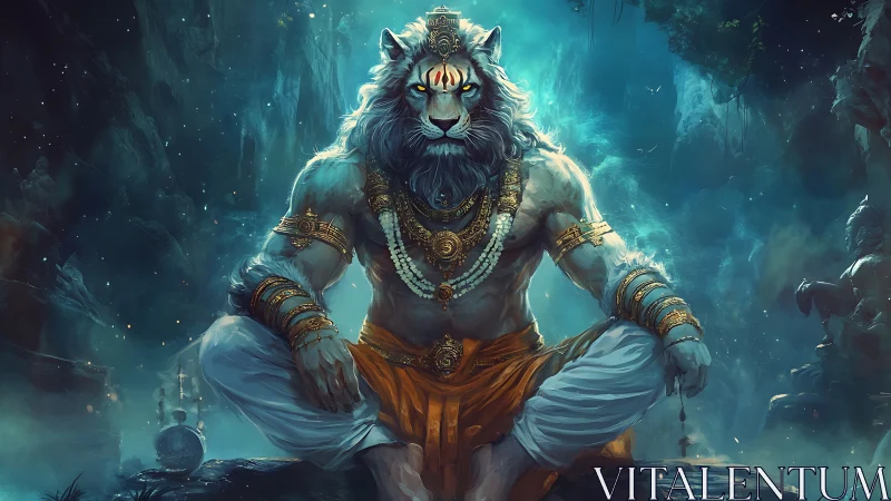 Tiger headed deity meditates in luminous mystic cavern