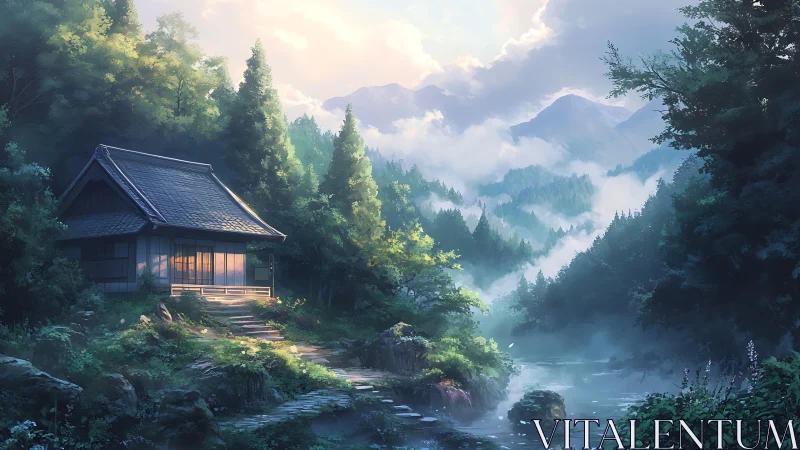 Mountain valley cabin rendered with atmospheric depth and soft light