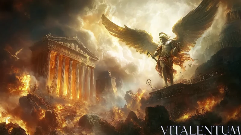 Winged celestial warrior over burning classical temple.