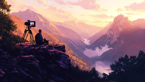 Solitary videographer on cliff overlooking layered mountains.