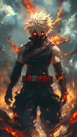 Masked combat figure surrounded by fire against storm clouds.