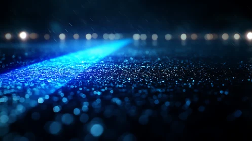 Neon blue road stripe glowing across wet asphalt at night.