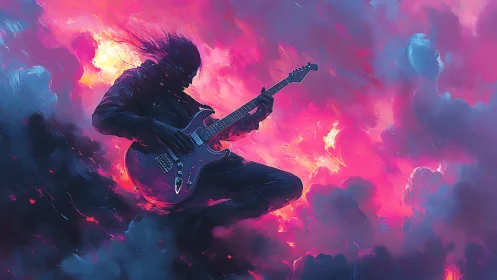 Electric sky soloist shredding through painted neon clouds.