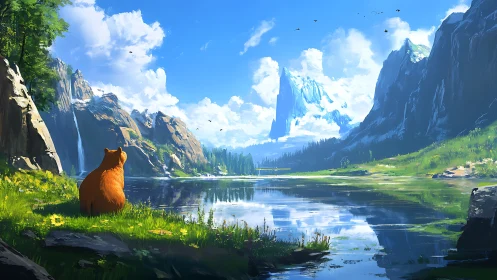 Patient orange bear admiring a cathedral of mountain sky.