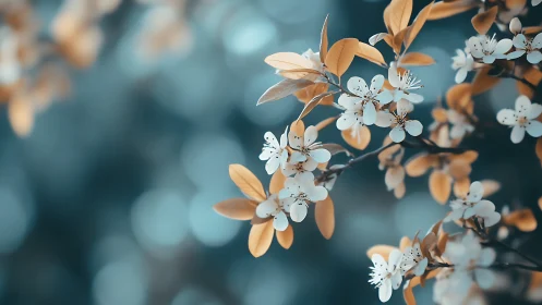 Spring Blossom Branch with White Flowers and Golden Foliage